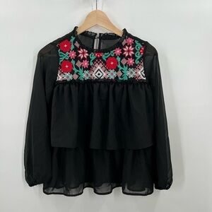 Kidpik Embroidered Black Floral Blouse Girls XXL 16